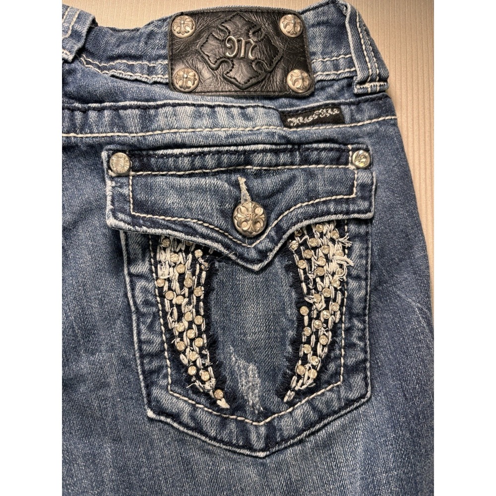 Women's Miss Me Bootcut Jeans Size 28 Dark Blue Distressed 33 Inseam Cowgirl - Picture 10 of 12